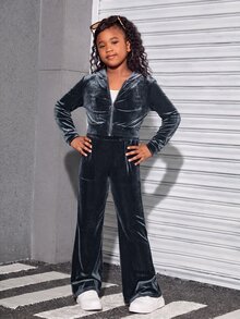 SHEIN 青少年女孩天鵝絨連帽開襟衫與長褲運動休閒套裝 - 藍色 - 查看 5