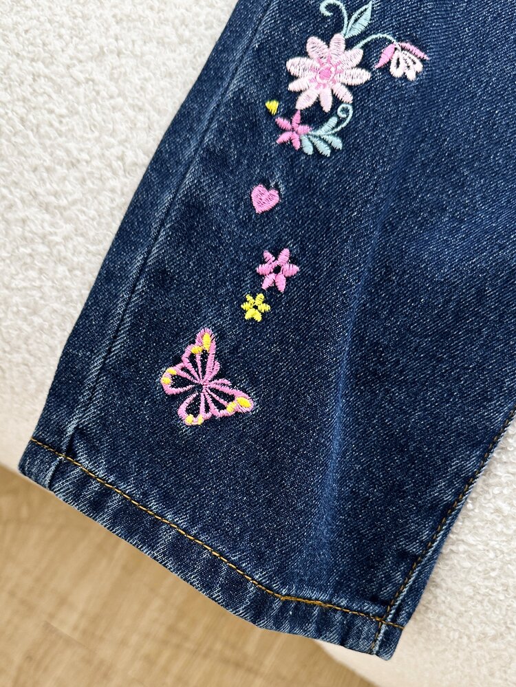 SHEIN 1pc Girls Casual Preppy Style Denim Straight Leg Floral Pants - Dark Wash - View 7