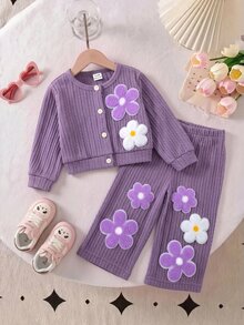 SHEIN Baby Girl 3D Floral Decor Long Sleeve Sweatshirt And Pants Casual Daily Outfit - Purple - View 3