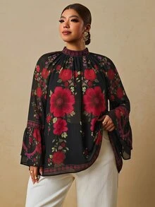 Travachic 大尺碼女款花卉印花立領喇叭袖優雅襯衫 - 彩色 - 查看 3