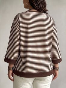 NostaNoir New Fashion Casual Basic Round Neck Contrast Collar And Cuffs Apricot Base With Coffee Striped Print Drop Shoulder Mid-Sleeve Plus Size T-Shirt - Multicolor - View 2
