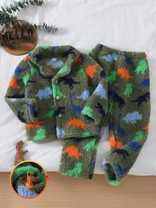 Boys' Colorful Cute Dinosaur Print Long Sleeve Top And Pants Fleece 2-Piece Set, Casual Autumn/Winter Loungewear - Multicolor - View 2