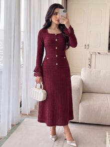 Feyla Plus Size Women's Lace Patchwork Elegant Waist-Cinching Party Dress - Burgundy - View 4