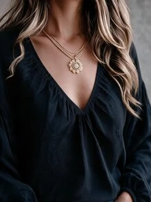 SHEIN LUNE CURVE Plus Size V-Neck Gathered Texture Cotton-Feel Blouse, Loose Lantern Elastic Cuffs Long Sleeve, Casual Vacation Style Ruched Shirt - Black - View 5