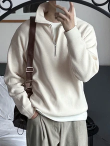 DAZY Men's Solid White Zip-Up Stand Collar Sweater, Autumn/Winter - White - View 2