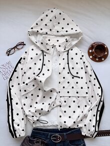 Comfortcana 女款波點圖案長袖前拉鍊連帽夾克 棕色波點 秋季休閒運動街頭風 適合公路旅行與旅遊 - 白色 - 查看 6