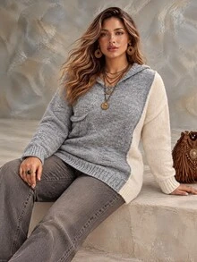Roveilla Plus Size Women's Colorblock Pocket Hooded Long Sleeve Sweater - Multicolor - View 5