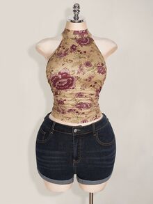 SHEIN ICON 大尺碼 Y2K 夏季外出波西米亞西式鄉村音樂會女款性感露背花卉印花掛脖上衣 - 卡其色 - 查看 4
