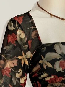 SHEIN ICON ملابس علوية نسائية بمقاسات كبيرة بطبعة زهور وياقة عنق البجعة وأكمام واسعة عصرية - متعدد الألوان - مشاهدة 9