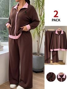 SHEIN EZwear 大尺碼拼色拉鍊長袖運動衫與寬鬆長褲兩件套，棕色休閒寬鬆性感，適合秋季旅行、派對與居家 - 鏽棕色 - 查看 5