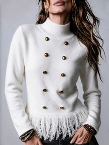 Omancia Autumn/Winter Double-Breasted Tassel Pullover Turtleneck Sweater - White - View 5