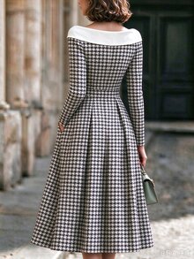 RosyDaze 2026 Fall Winter Women French QuietLuxury Elegant Houndstooth Midi Dress OffShoulder Contrast Collar Long Sleeve ALine Dress With Pockets Versatile - Black and White - View 3