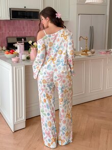 Slumberry CURVE Sweet Cute Colorblock Bow & Floral Print Asymmetric Shoulder Strap Knit Plus Size Pajama Set - Multicolor - View 5