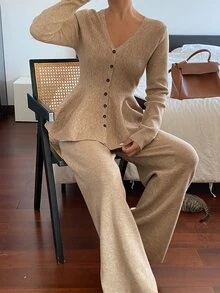 Livesso Women's Casual Solid Color Button V-Neck Sweater And Pants 2 Pieces Set - Coffee Brown - View 6