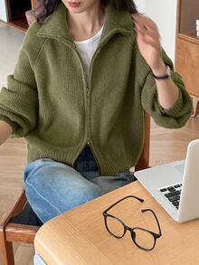Livesso Women's Green Loose Casual Commute Office Layering Knit Cardigan Sweater, Autumn/Winter - Olive Green - View 5