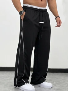 Manfinity Homme Men's Mature Casual Black Colorblock Sports Sweatpants, Plus Size, Perfect Holiday Gift Choice - Black - View 3