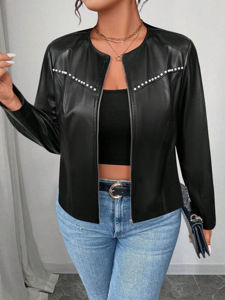 SHEIN PETITE CURVE Áo khoác PU nữ size lớn phong cách cổ điển đa năng, dòng Petite, thời trang thu đông cho nữ - màu đen - Xem 4