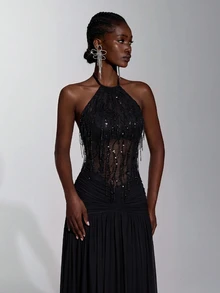 Elitara Elegant Minimalist Fashion Black Sequin Tassel Mesh Patchwork Halter Neck Backless Pleated A-Line Long Formal Evening Gown For Women - Black - View 3