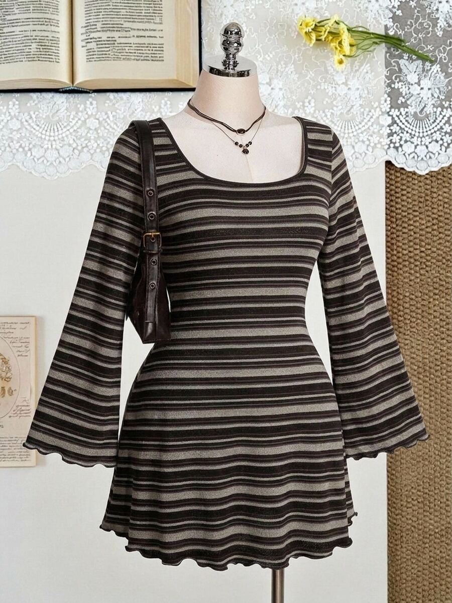 SHEIN ICON Plus Size Colorful Striped Backless Flare Sleeve Knit Dress Bell Sleeve Dress Striped Dress Scoop Neck Dress Fall - Multicolor - View 1