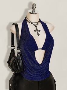 SHEIN ICON 大尺碼女款 2 件組夏季外穿亮片露背背心與細肩帶上衣，適合海灘、夏威夷派對、返校日、演唱會與夜店 - 藏蓝色 - 查看 8
