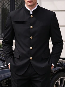 Manfinity Mode Men's Luxury Mandarin Button Design Stand-Collar Blazer, Suitable For Daily Commuting, Business, Gatherings, And Parties. - Black - View 3