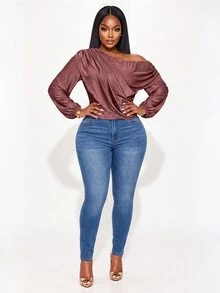 Poshavie Poshavie Plus Size Draped OneShoulder LongSleeve Top, Elegant Ruched OffShoulder Blouse, Casual Fitted Solid LongSleeve Top For GoingOut & Party - Mauve Purple - View 4