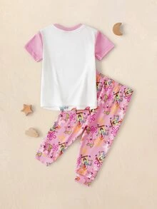 SpongeBob SquarePants | SHEIN Baby Girl Cartoon Print Short Sleeve Top And Long Pants Casual Daily Home Sleepwear Set - White - View 2