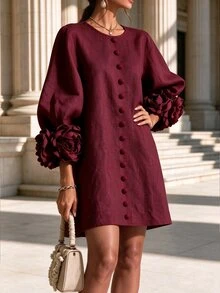 Velvienne Plus Size Women's Vintage Romantic Burgundy Dress, Handmade 3D Floral Cuff Textured Fabric Button-Up Elegant Formal Christening Guest Fall Christmas - Burgundy - View 4