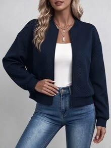 SHEIN LUNE CURVE Plus Size Women's Navy Blue Textured Jacquard Baseball Collar Zip-Up Short Jacket, Casual Long Sleeve Ribbed Cuff Loose Knit Cardigan Fall - Navy Blue - View 1
