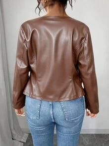 SHEIN PETITE CURVE 大尺碼女款經典百搭PU夾克，小個子系列秋冬女裝 - 棕色 - 查看 2