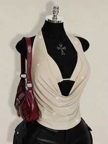SHEIN ICON 大尺碼女款 2 件組夏季外穿亮片露背背心與細肩帶背心，適合海灘、夏威夷派對、返校日、演唱會與夜店 - 杏色 - 查看 7