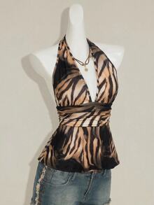 SHEIN ICON Y2K 女款波希米亞風動物印花性感夜店深V領百褶掛脖背心上衣 - 彩色 - 查看 5
