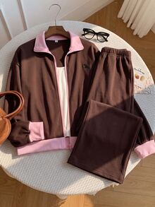 SHEIN EZwear 大尺碼拼色拉鍊長袖運動衫與寬鬆長褲兩件套，棕色休閒寬鬆性感，適合秋季旅行、派對與居家 - 鏽棕色 - 查看 9
