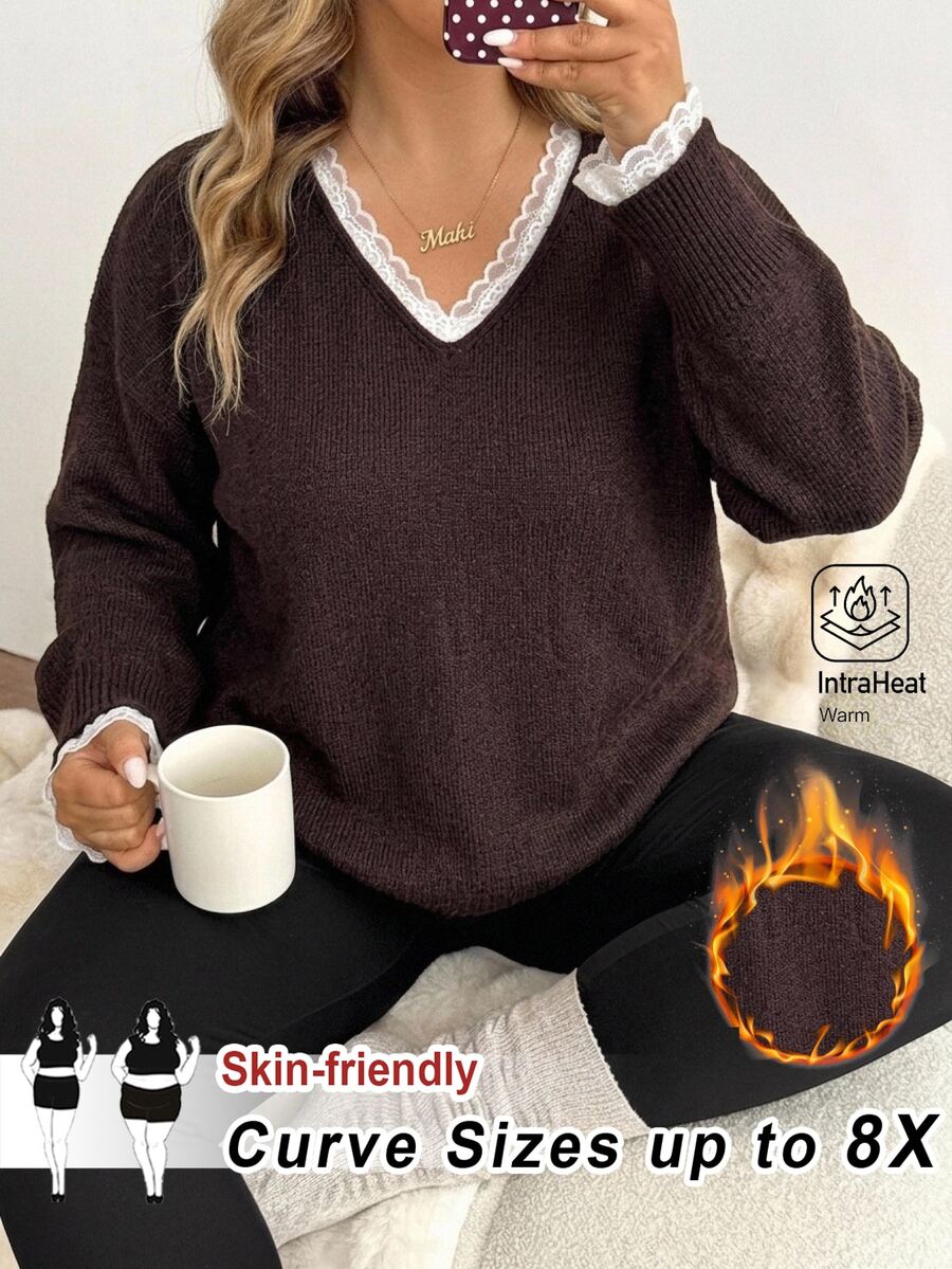 SHEIN CURVE+ Plus Size V-Neck Lace Trim Loose Casual Daily Back To School Office Knit Sweater - Brown - View 1