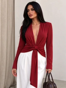 INAWLY Burgundy Deep V-Neck Tie-Front Long Sleeve Ribbed Knit Top, Slim Fit - Burgundy - View 8