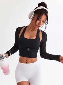 Slayform Slayform Women's Solid Color 2 In 1 Cropped Long Sleeve Sports Top - Black - View 4
