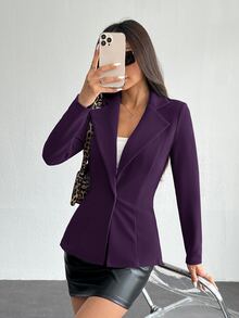 SHEIN PETITE 女款翻領單扣西裝外套，秋冬辦公穿搭，適合嬌小身型女性 - 紫色 - 查看 5