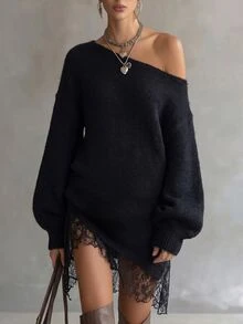 LUMIGAL Women's Fall Black Fuzzy Sweater Dress, Cold Shoulder Loose Long Sleeve Lace Hem Pullover, Suitable For Dating, Street Style Sexy Night Out Date Night - Black - View 1
