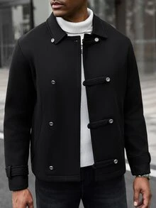 Manfinity CasualCool 男士成熟休閒純色羊毛黑色短夾克，假期禮物最佳選擇 - 黑色 - 查看 3