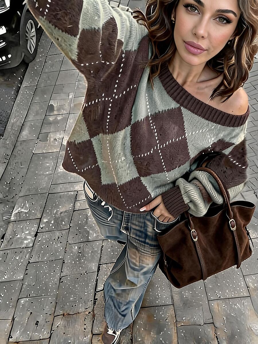 EMERY ROSE Women's Casual Plaid Off-Shoulder Sweater, College Style, Suitable For Autumn/Winter - Multicolor - View 1