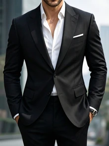 Manfinity Homme Setelan Jas dan Celana Pria Kasual Bisnis Formal Warna Hitam Polos Ukuran Besar, Pilihan Hadiah Liburan yang Sempurna - Hitam - View 5