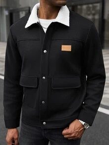 Manfinity CasualCool 男士 Ins 熱銷黑色混紡羊毛拼接白領皮革標裝飾成熟風羊毛大衣，送給爸爸、男友、丈夫的萬聖節、聖誕節、新年禮物 - 彩色 - 查看 4