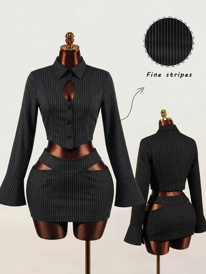 Mistrie 2026 Pure Cotton Shirt Women's Casual Striped Blazer And Skirt Set, Spring/Summer/Autumn New Two Pieces Set / Women's Casual Work Striped Waist-Defined