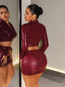 BamGleam Women's Solid Color Cropped Top And Metal Decor Mini Skirt Sexy Set - Burgundy - View 2