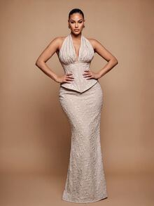 Vowa Plus Size Elegant Romantic Champagne Halter Neck Ruched Fishbone Pleated Waistband Bodycon Bodycon Back Slit Evening Gown For Wedding Party Celebration Formal Event Dinner (Intricate Design) - Champagne - View 7