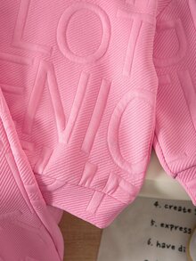 SHEIN 女童小女孩針織純色連帽人造毛飾邊寬鬆休閒衛衣與長褲兩件套 - 粉色 - 查看 6