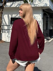 SHEIN EZwear 大尺碼女款純色圓領寬鬆長袖休閒T恤，春夏秋季 - 酒紅色 - 查看 2