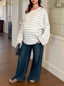 DAZY Loose Asymmetrical Shoulder Striped Top Casual Daily Vacation Spring Autumn Maternity T-Shirt - White - View 5