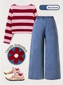 SHEIN Big Girls 2 Pieces Set Striped Faux Two Pieces Long Sleeve Top With 3D Floral Patchwork Wide Leg Denim Jeans - Multicolor - View 2