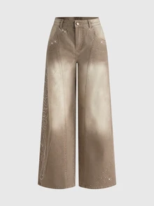 ROMWE Street Life Vintage Washed Street Patchwork Embroidery Distressed Rhinestone Light Jeans - Brown - View 2